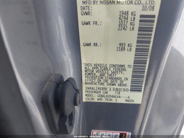 45808974 :رقم المزاد ، IN4AL24E89C138030 vin ، 2009 Nissan Altima 2.5s مزاد بيع