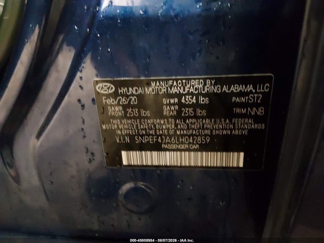 Продажа на аукционе авто 2020 Hyundai Sonata Sel, vin: 5NPEF4JA6LH042859, номер лота: 45808984