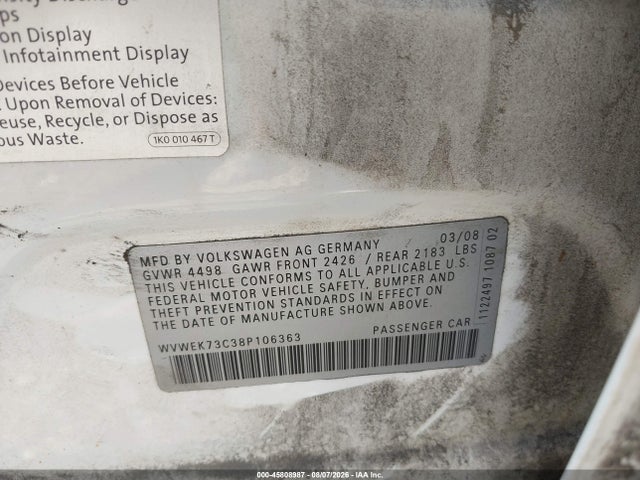 45808987 :رقم المزاد ، WVWEK73C38P106363 vin ، 2008 Volkswagen Passat Lux مزاد بيع