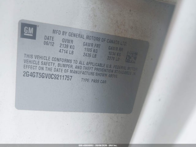 45808993 :رقم المزاد ، 2G4GT5GV0C9211757 vin ، 2012 Buick Regal Turbo - Premium 2 مزاد بيع