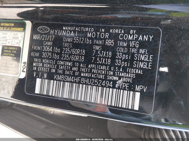 Продажа на аукционе авто 2017 Hyundai Santa Fe Se, vin: KM8SM4HF8HU252494, номер лота: 45809014