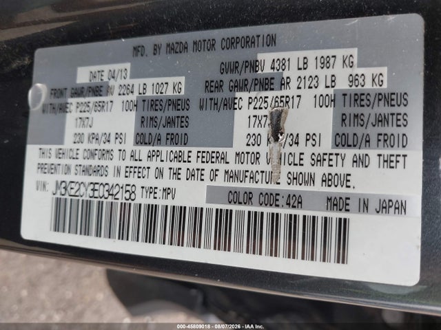 45809018 :رقم المزاد ، JM3KE2CY3E0342158 vin ، 2014 Mazda Cx-5 Touring مزاد بيع
