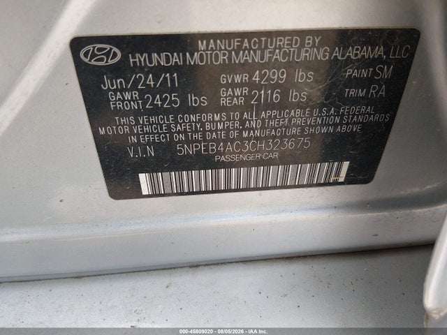 2012 Hyundai Sonata Gls მანქანა იყიდება აუქციონზე, vin: 5NPEB4AC3CH323675, აუქციონის ნომერი: 45809020
