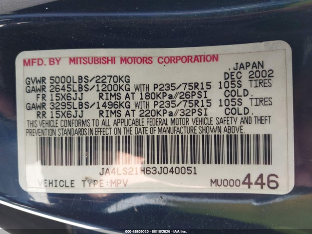 Aukcja sprzedaży 2003 Mitsubishi Montero Sport Es/ls, vin: JA4LS21H63J040051, numer aukcji: 45809030