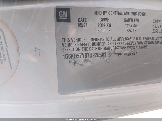 45809031 :رقم المزاد ، 1G6KD57Y87U220501 vin ، 2007 Cadillac Dts Luxury Ii مزاد بيع