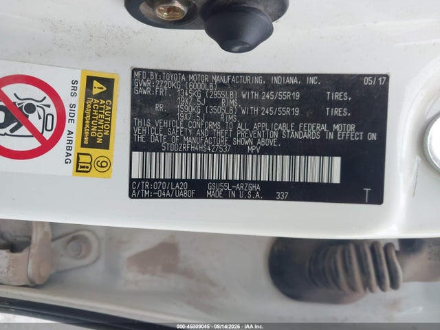 45809045 :رقم المزاد ، 5TDDZRFH4HS427537 vin ، 2017 Toyota Highlander Limited مزاد بيع