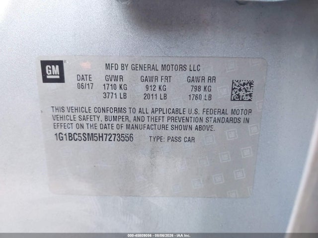 45809056 :رقم المزاد ، 1G1BC5SM5H7273556 vin ، 2017 Chevrolet Cruze Ls Auto مزاد بيع