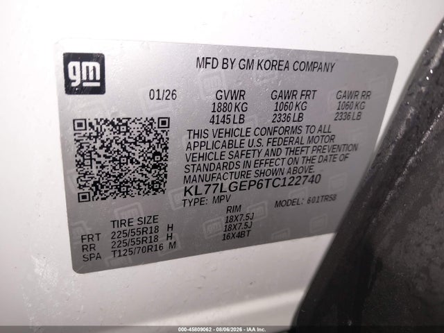 45809062 :رقم المزاد ، KL77LGEP6TC122740 vin ، 2026 Chevrolet Trax Fwd 1rs مزاد بيع