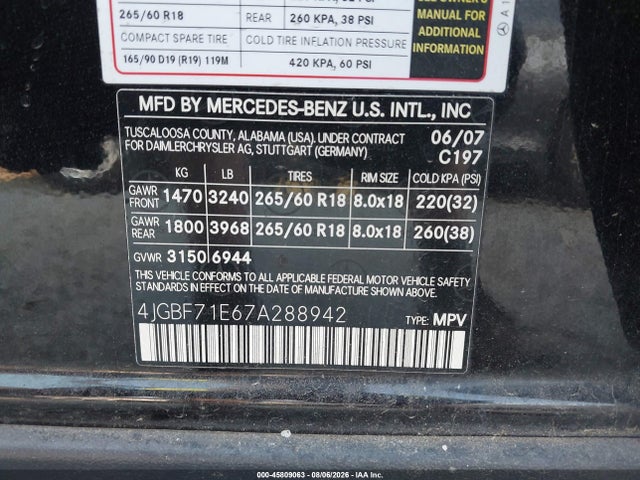 2007 Mercedes-benz Gl 450 4matic მანქანა იყიდება აუქციონზე, vin: 4JGBF71E67A288942, აუქციონის ნომერი: 45809063
