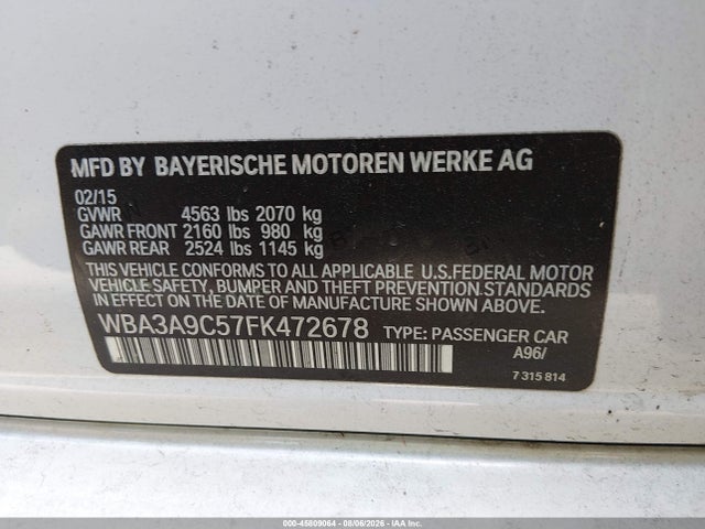 2015 Bmw 335i მანქანა იყიდება აუქციონზე, vin: WBA3A9C57FK472678, აუქციონის ნომერი: 45809064