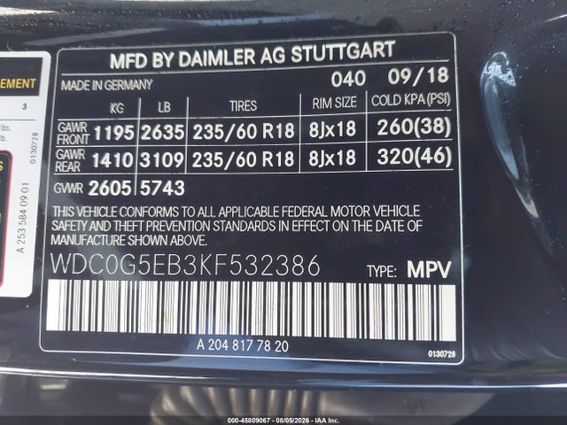 Aukcja sprzedaży 2019 Mercedes-benz Glc 350e 4matic, vin: WDC0G5EB3KF532386, numer aukcji: 45809067