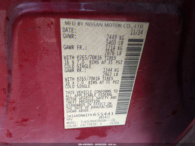 Продаж на аукціоні авто 2015 Nissan Xterra S, vin: 5N1AN0NW1FN655441, номер лоту: 45809083