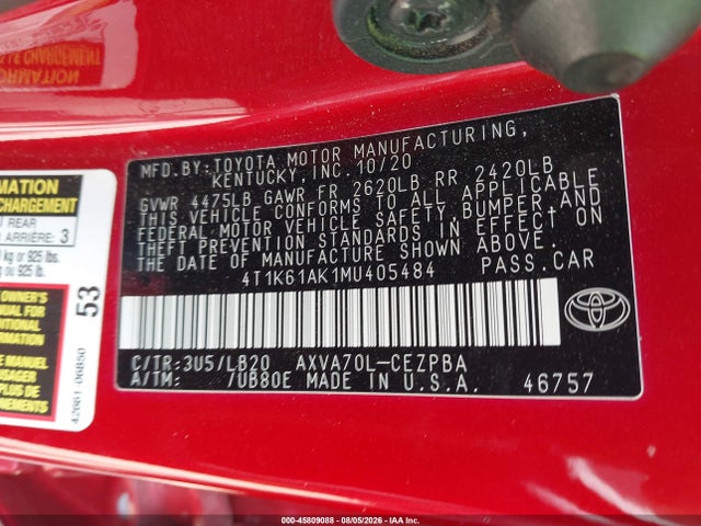 Продажа на аукционе авто 2021 Toyota Camry Xse, vin: 4T1K61AK1MU405484, номер лота: 45809088