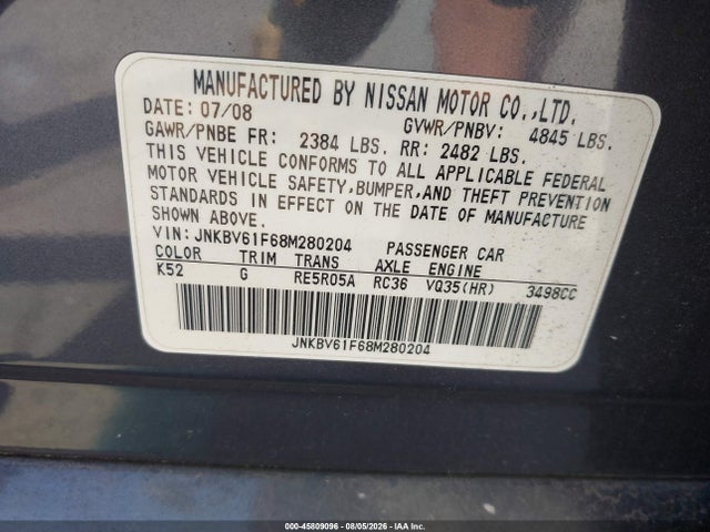 2008 Infiniti G35x მანქანა იყიდება აუქციონზე, vin: JNKBV61F68M280204, აუქციონის ნომერი: 45809096