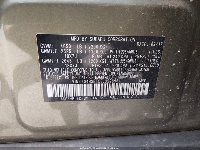 45809102 :رقم المزاد ، 4S4BSETC8J3228961 vin ، 2018 Subaru Outback مزاد بيع