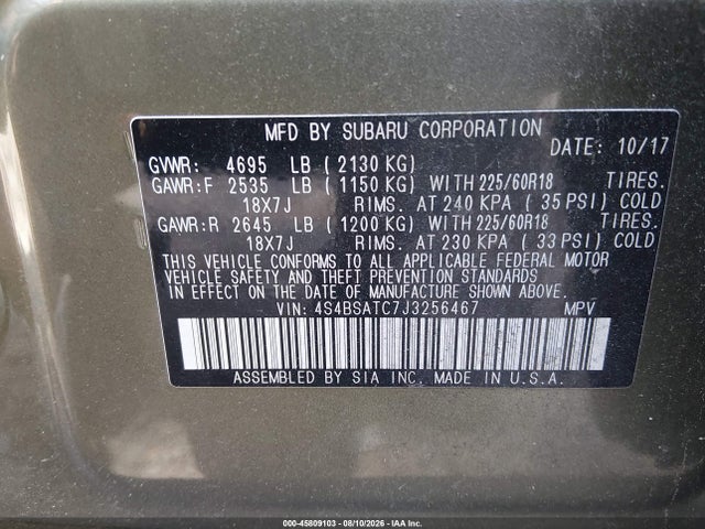 45809103 :رقم المزاد ، 4S4BSATC7J3256467 vin ، 2018 Subaru Outback 2.5i Touring مزاد بيع
