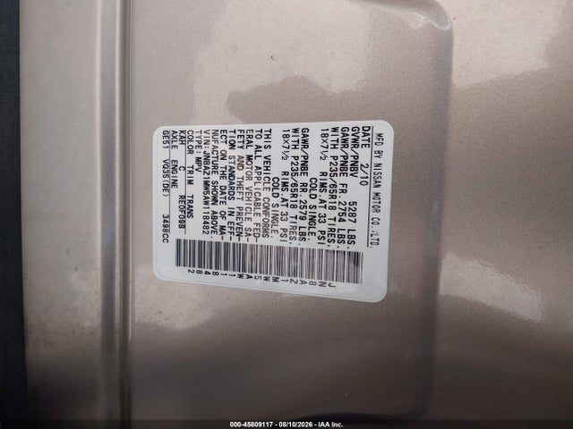 Продажа на аукционе авто 2010 Nissan Murano Sl, vin: JN8AZ1MW5AW118482, номер лота: 45809117