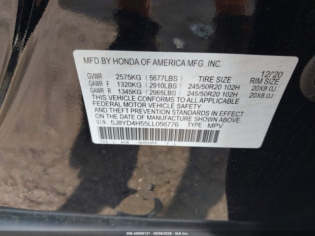Продаж на аукціоні авто 2020 Acura Mdx Technology Package, vin: 5J8YD4H55LL056776, номер лоту: 45809137