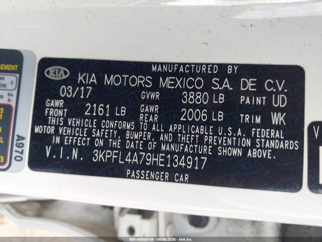 45809149 :رقم المزاد ، 3KPFL4A79HE134917 vin ، 2017 Kia Forte S مزاد بيع