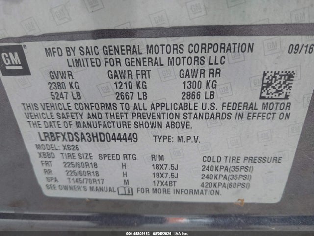 45809153 :رقم المزاد ، LRBFXDSA3HD044449 vin ، 2017 Buick Envision Essence مزاد بيع