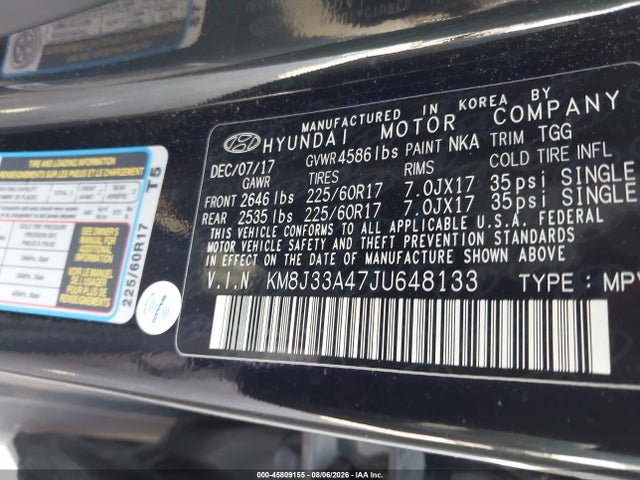 Aukcja sprzedaży 2018 Hyundai Tucson Sel, vin: KM8J33A47JU648133, numer aukcji: 45809155