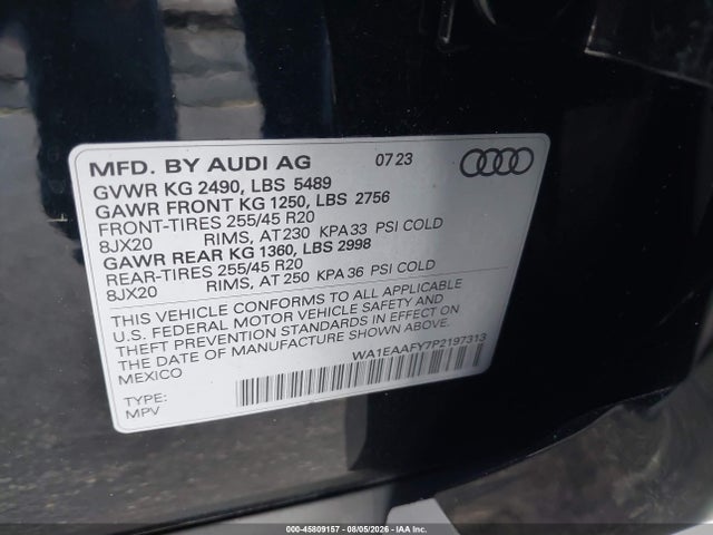 45809157 :رقم المزاد ، WA1EAAFY7P2197313 vin ، 2023 Audi Q5 Premium Plus 45 Tfsi S Line Quattro مزاد بيع