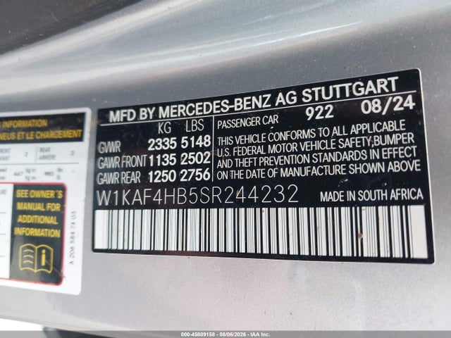 45809158 :رقم المزاد ، W1KAF4HB5SR244232 vin ، 2025 Mercedes-benz C 300 مزاد بيع