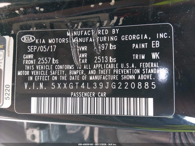 45809160 :رقم المزاد ، 5XXGT4L39JG220885 vin ، 2018 Kia Optima S مزاد بيع