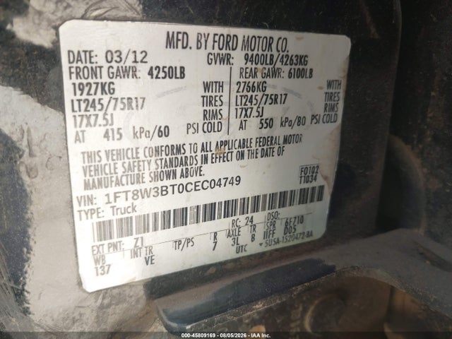 Продажа на аукционе авто 2012 Ford F-350 Xlt, vin: 1FT8W3BT0CEC04749, номер лота: 45809169