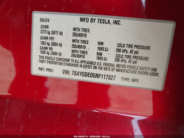 2024 Tesla Model Y Long Range Single Motor Rear-wheel Drive/rwd მანქანა იყიდება აუქციონზე, vin: 7SAYGDED5RF117527, აუქციონის ნომერი: 45809176