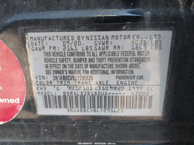 Продаж на аукціоні авто 2020 Nissan Sentra Sv Xtronic Cvt, vin: 3N1AB8CV8LY295625, номер лоту: 45809187