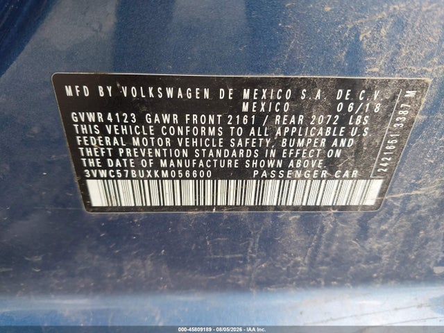 45809189 :رقم المزاد ، 3VWC57BUXKM056600 vin ، 2019 Volkswagen Jetta 1.4t R-line/1.4t S/1.4t Se مزاد بيع