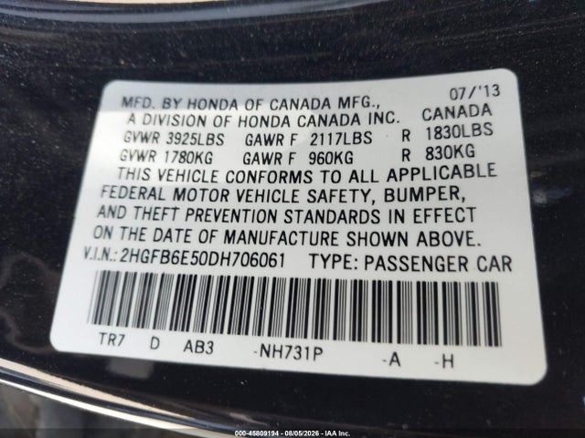 2013 Honda Civic Si მანქანა იყიდება აუქციონზე, vin: 2HGFB6E50DH706061, აუქციონის ნომერი: 45809194