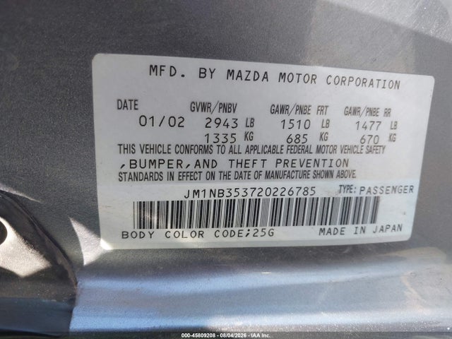 45809208 :رقم المزاد ، JM1NB353720226785 vin ، 2002 Mazda Mx-5 Miata Cloth/ls/se مزاد بيع
