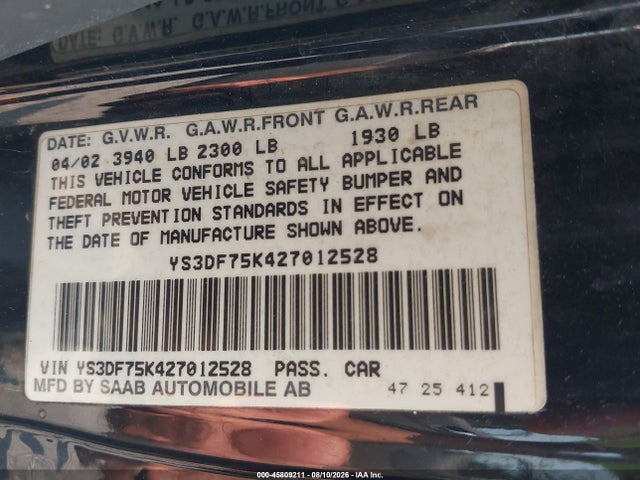 45809211 :رقم المزاد ، YS3DF75K427012528 vin ، 2002 Saab 9-3 Se مزاد بيع