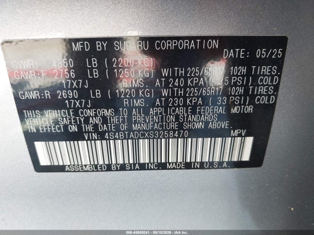 Aukcja sprzedaży 2025 Subaru Outback Premium, vin: 4S4BTADCXS3258470, numer aukcji: 45809241