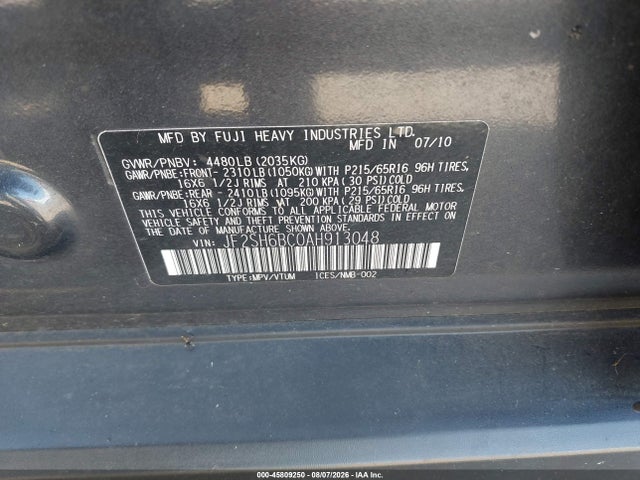 Продаж на аукціоні авто 2010 Subaru Forester 2.5x, vin: JF2SH6BC0AH913048, номер лоту: 45809250