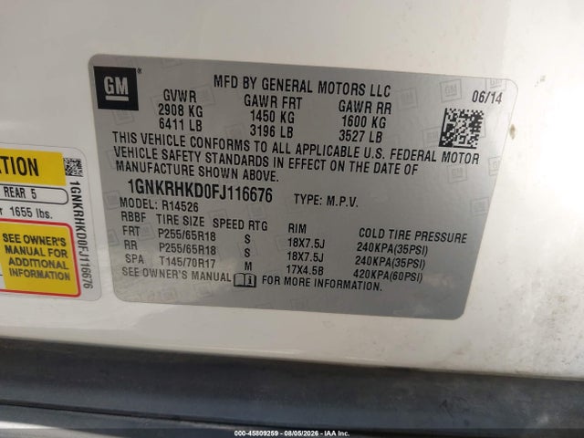 1GNKRHKD0FJ116676 Chevrolet Traverse Lt