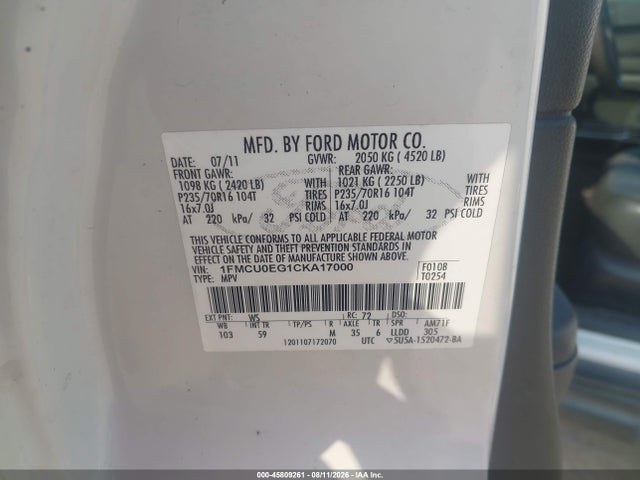 2012 Ford Escape Limited მანქანა იყიდება აუქციონზე, vin: 1FMCU0EG1CKA17000, აუქციონის ნომერი: 45809261