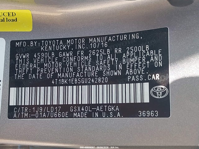Продаж на аукціоні авто 2016 Toyota Avalon Xle, vin: 4T1BK1EB5GU242820, номер лоту: 45809267