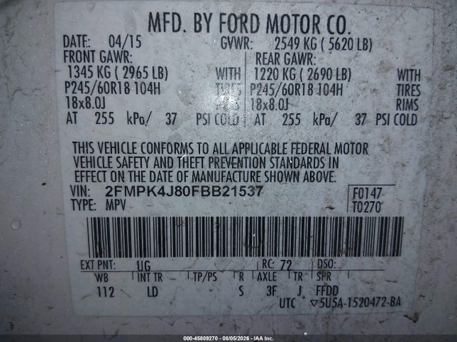 Ford EDGE SEL 2015 2FMPK4J80FBB21537 Image 9