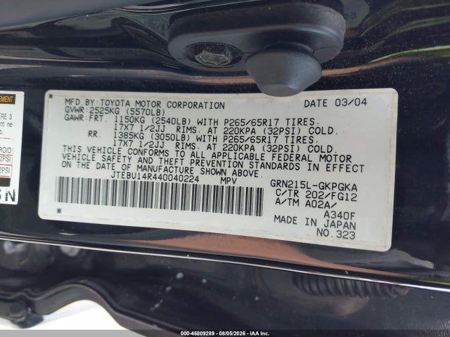 2004 Toyota 4runner Sr5 V6 მანქანა იყიდება აუქციონზე, vin: JTEBU14R440040224, აუქციონის ნომერი: 45809289