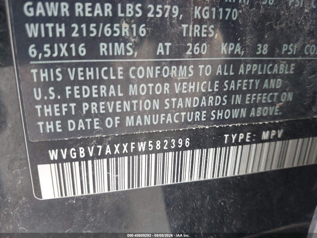 2015 Volkswagen Tiguan S მანქანა იყიდება აუქციონზე, vin: WVGBV7AXXFW582396, აუქციონის ნომერი: 45809293