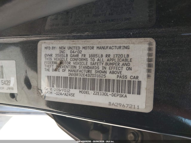 Продаж на аукціоні авто 2003 Toyota Corolla S, vin: 1NXBR32E43Z031625, номер лоту: 45809298