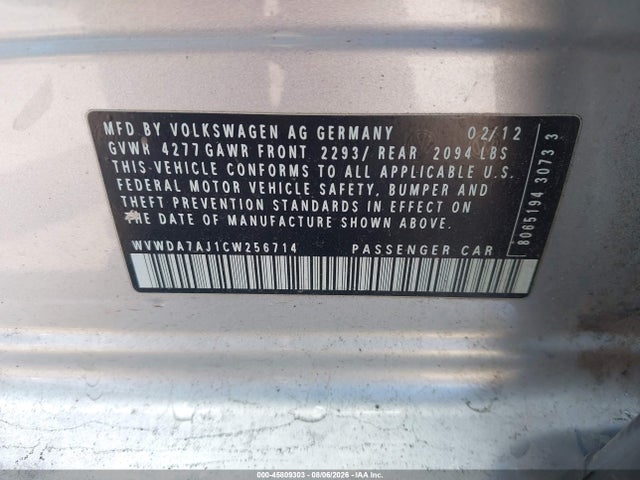 2012 Volkswagen Golf 2.5l 4-door მანქანა იყიდება აუქციონზე, vin: WVWDA7AJ1CW256714, აუქციონის ნომერი: 45809303