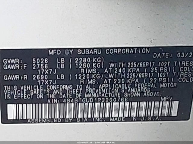 45809333 :رقم المزاد ، 4S4BTGUD1P3200766 vin ، 2023 Subaru Outback Wilderness مزاد بيع