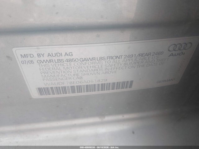 45809338 :رقم المزاد ، WAUDF78E06A051829 vin ، 2006 Audi A4 2.0t مزاد بيع