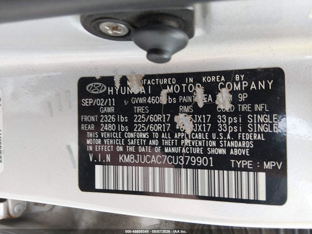 Продажа на аукционе авто 2012 Hyundai Tucson Gls, vin: KM8JUCAC7CU379901, номер лота: 45809348