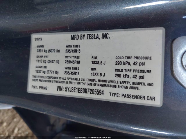 Tesla Model 3 Long Range/performance 2019 5YJ3E1EB0KF205594 Image 9