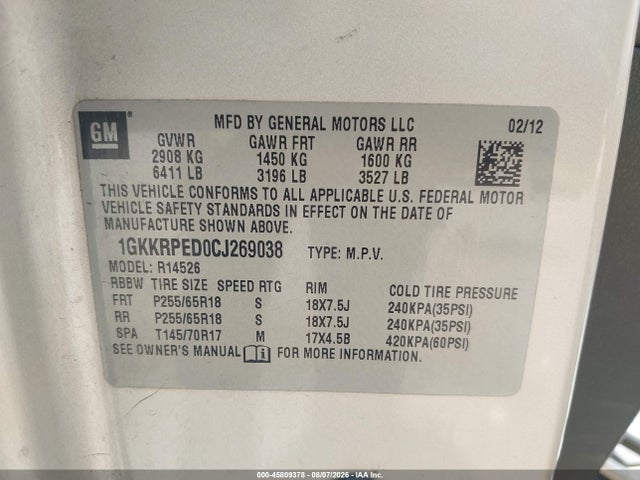 Продаж на аукціоні авто 2012 Gmc Acadia Sle, vin: 1GKKRPED0CJ269038, номер лоту: 45809378